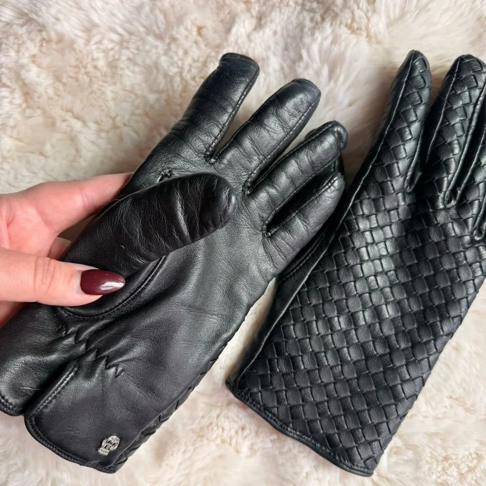 Black Leather Woven Leather Gloves